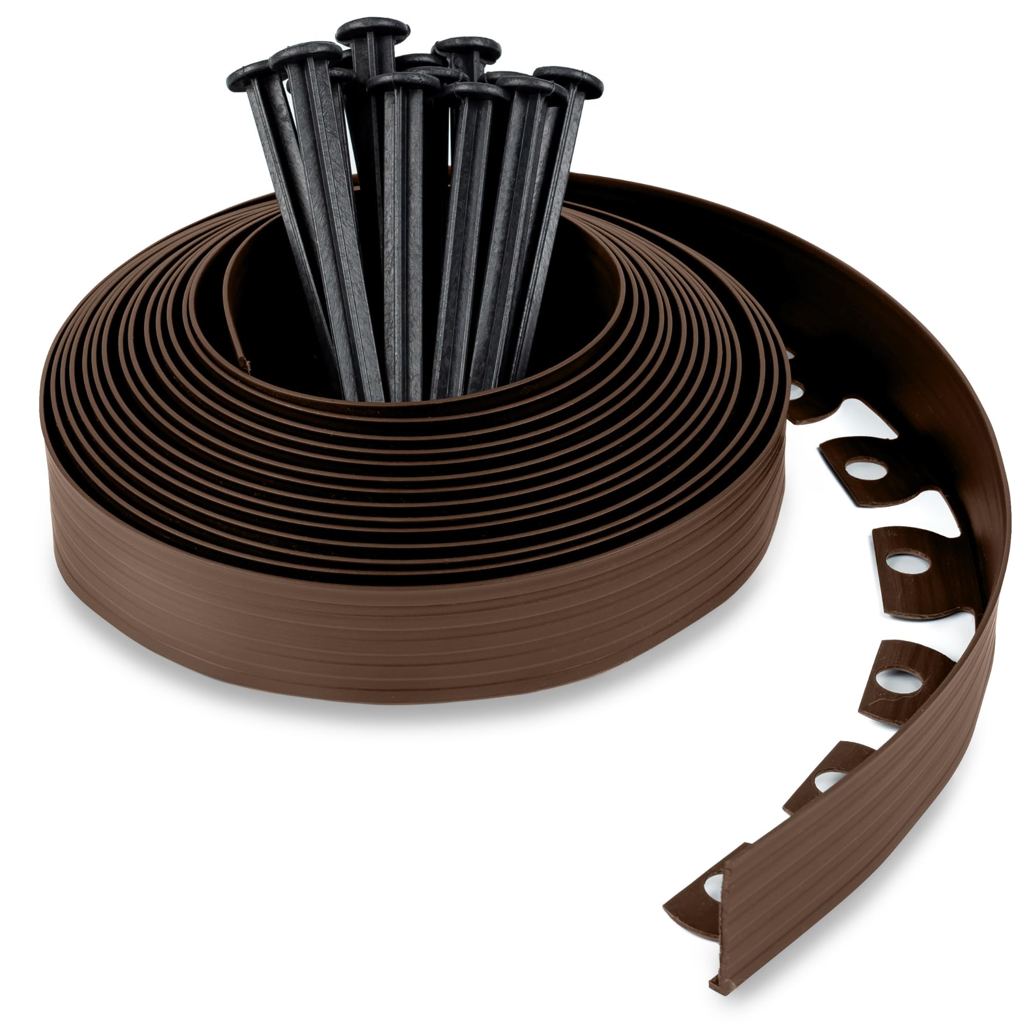 Flexible Lawn Edging 10 m with 30 Securing Pegs - Plastic Garden Edging Border - Easy Installation - Height 5 cm, Brown
