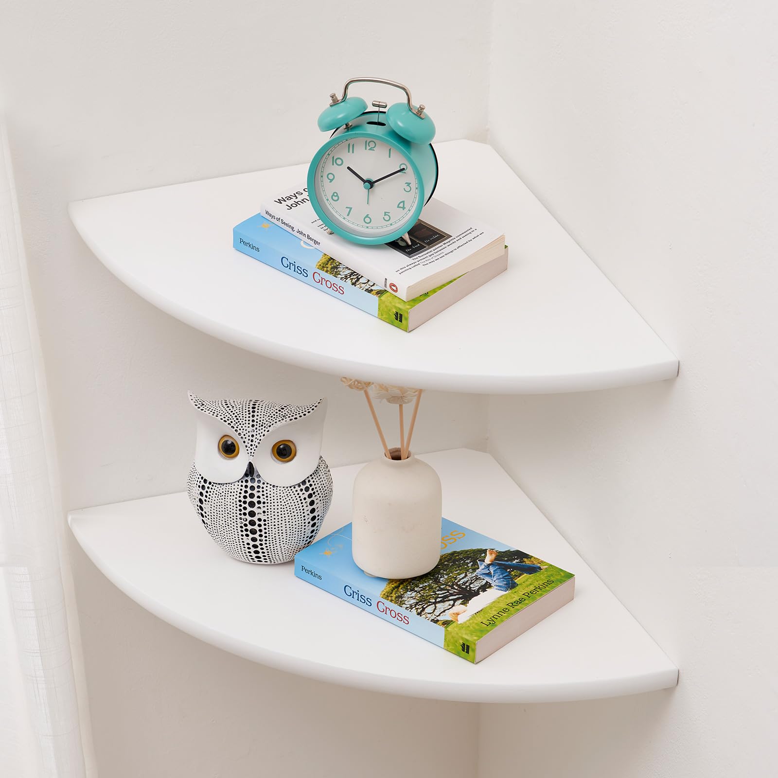 Gieanoo White Corner Shelf Wall Mount, Solid Oak Wood Set of 2 12inch Floating Corner Shelf Round End Floating Speaker Shelf With Wire Hole Shelf for Small Plant for Bedroom Kitchen — image 1