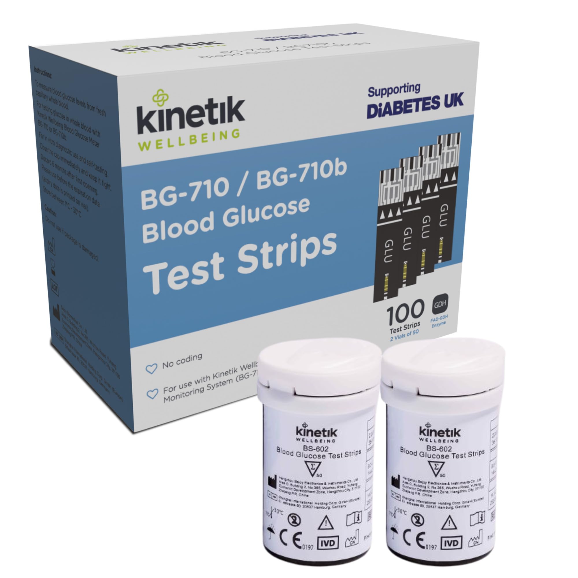 Kinetik Wellbeing Blood Glucose Test Strips, Pack of 100 - Compatible with Kinetik Monitor BG-710 - Home Diabetic Glucose Strips Used by the NHS - For Blood Sugar Level Monitors & Diabetes Management