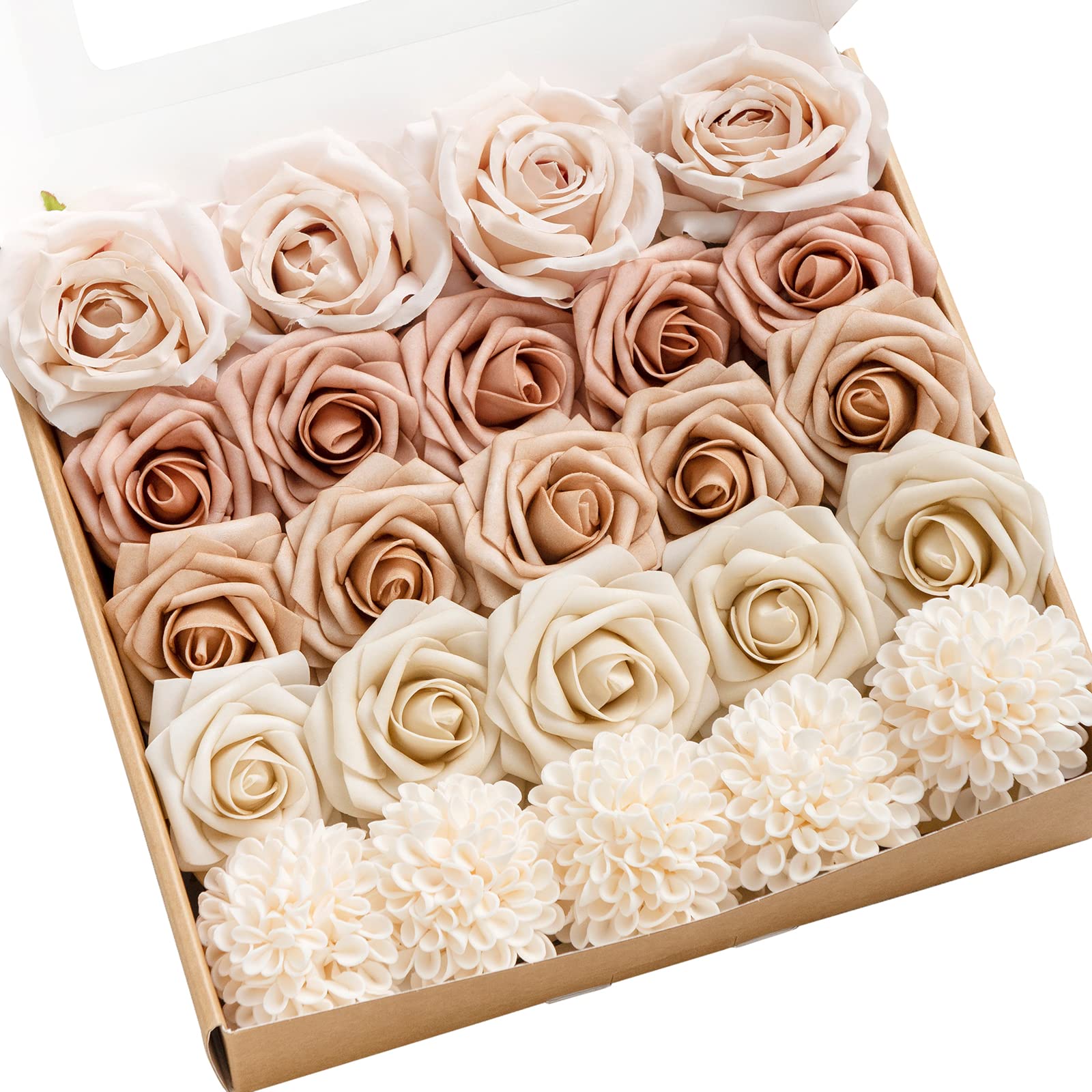 Photo 1 of Ling's Moment Artificial Flowers Fake Silk Roses Faux Foam Dahlia Combo for DIY Wedding Bouquets Centerpieces Arrangements Bridal Shower Party Home Decorations, Morandi Peach & Cream, 24pcs