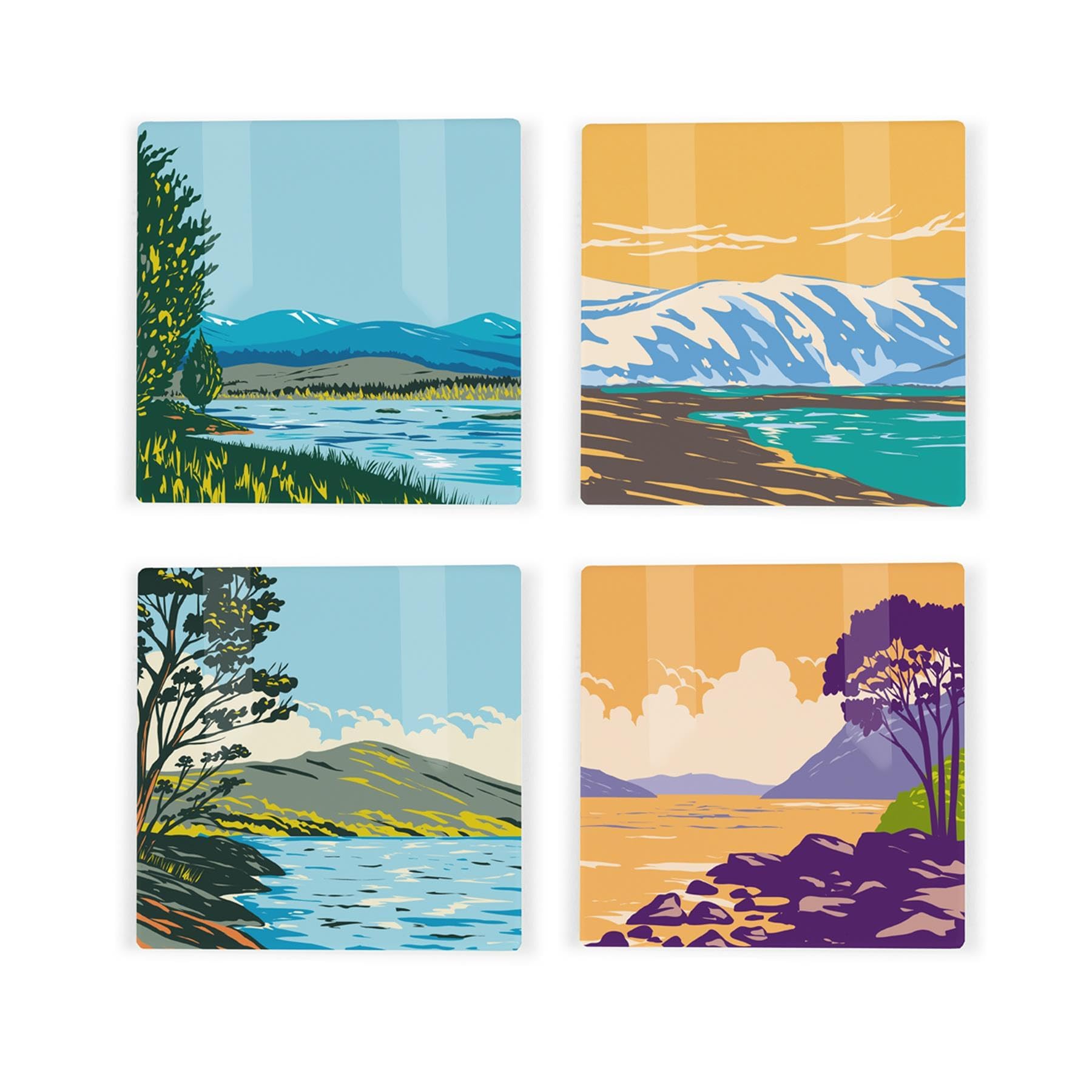 Scottish Lochs Ceramic Coaster Set - UK Scottish Landmarks/Landscapes Square Set of Four (4) Coasters Gift