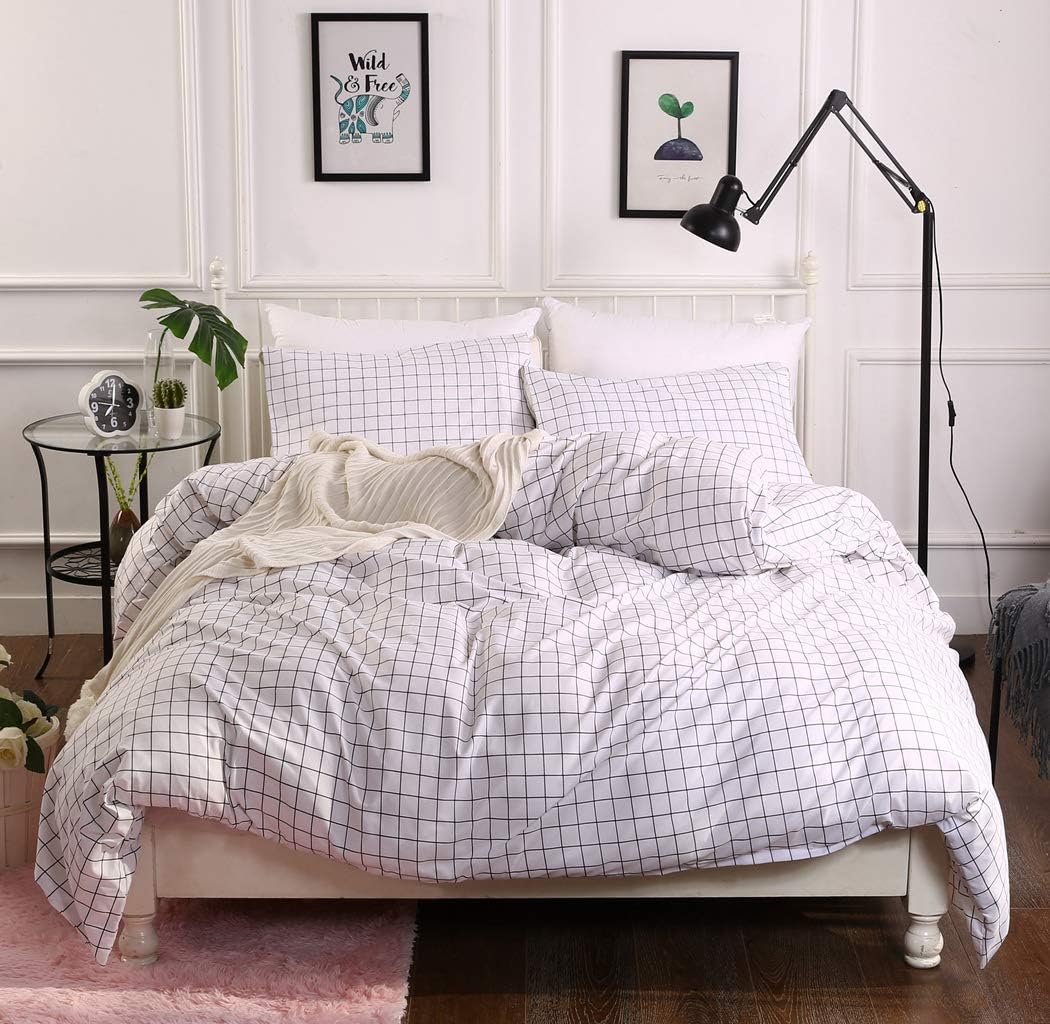 RheaChoice Ins White Plaid Checkered Printed Duvet Cover Set,3 Pieces Microfiber Bedding Set with Zipper and Corner Ties - King Size (104"x90")