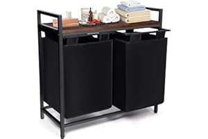 Whitmor Laundry Sorter, 92L Laundry Hamper with Shelf & 2 Removable Bags, 2 x 12.1 Gallons (46L), 28.8 x 13 x 28.4 Inches, Dirty Clothes Hamper Organizer for Laundry Room, Bathroom, Dorm, Black
