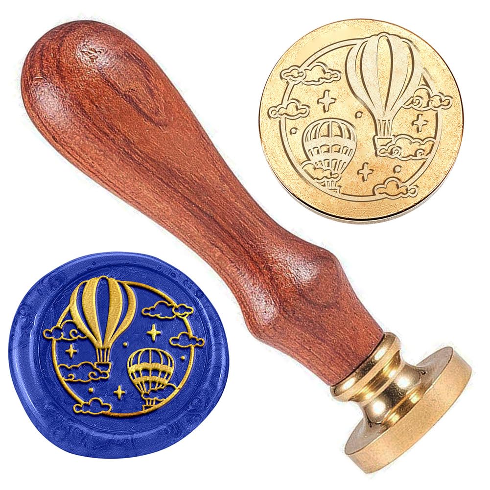 DELORIGIN Hot Air Balloon Clouds Wax Sealing Stamp, 1" Brass Wax Seal Stamp Head with Wooden Handle Vintage Flower Wax Stamp for Invitation Cards Gift Wrapping Envelopes Wine Package Decoration
