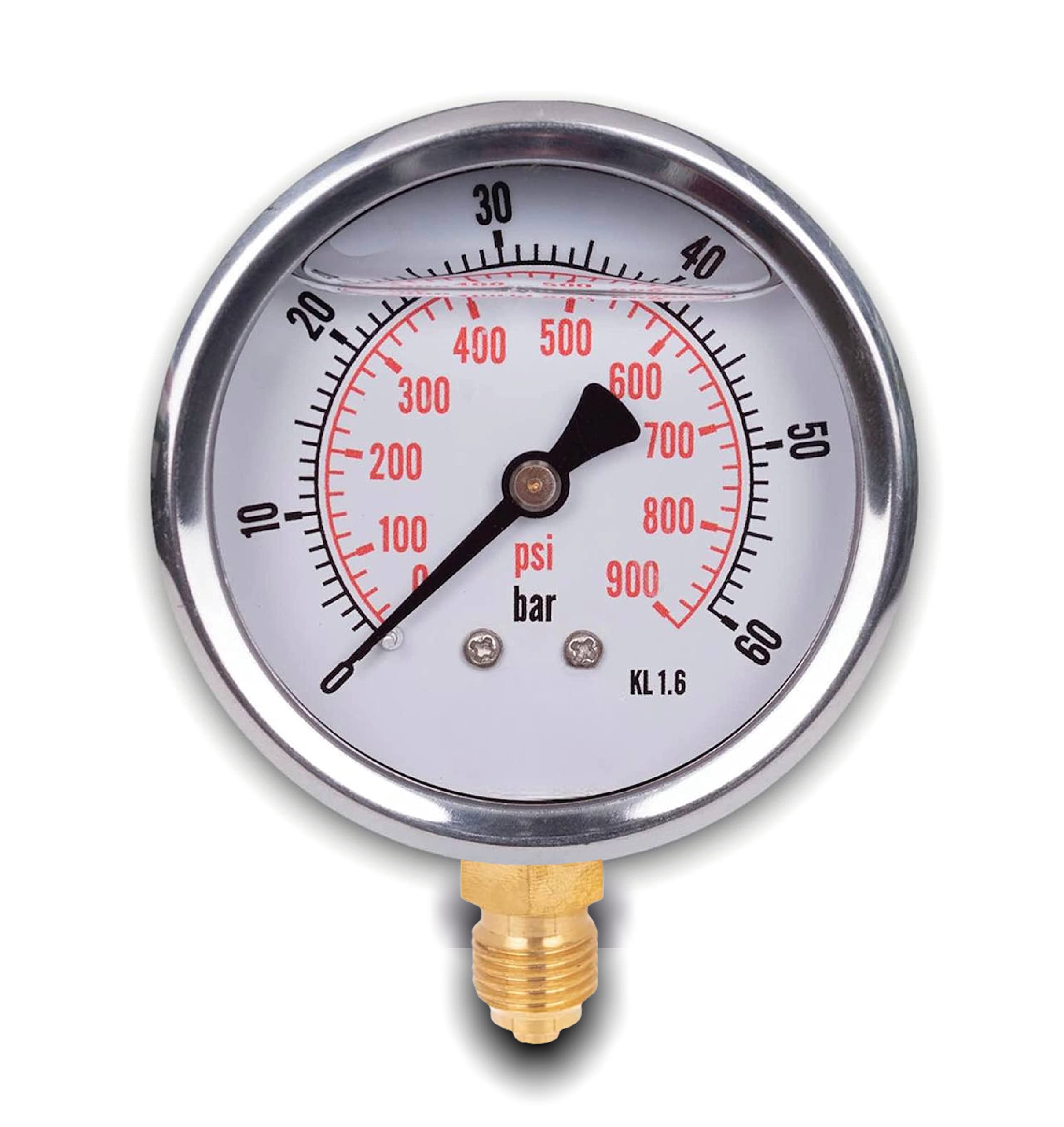 Stainless steel radial pressure gauge D.63 mm with 1/4 glycerine connector from the bottom (0-60 bar)