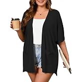 AusLook Plus Size Short Sleeve Cardigan for Women Lightweight with Pockets | 100% Polyester,Elbow-Length Drop Shoulder Sleeves,Side Slit Hem,Longline Coverage,Dresses Jeans Office Travel Vacation
