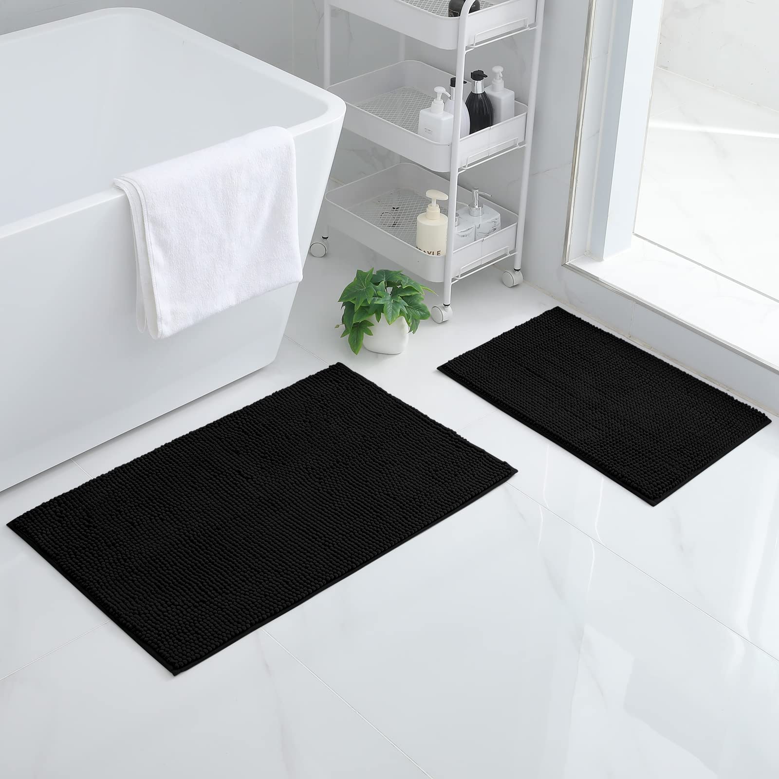 smiry Non Slip Chenille Bath Mat Set, Pack of 2, Extra Absorbent Soft Bathroom Mat Sets 2 Piece, Machine-Washable Quick Dry Bath Rug, 40 x 60 cm + 50 x 80 cm, Black — image 1