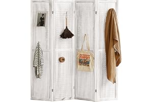 Leesinwing 4 Panel Room Dividers and Folding Privacy Screens, 5.6Ft Wooden Pegboard Display, Privacy Dividers for Bedroom, Portable Dispxlay Board Organizer for Store, Jewelry Display, White