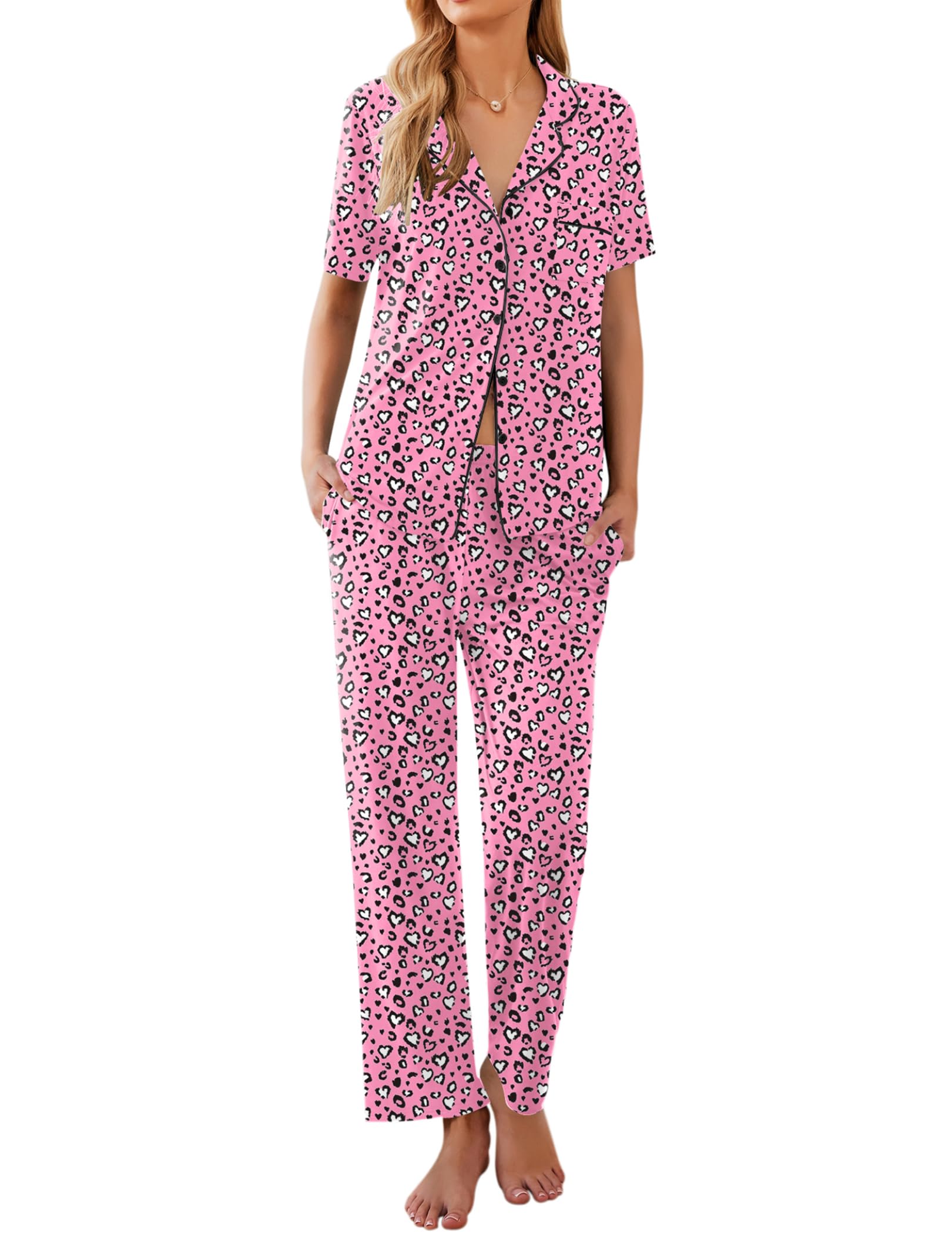 Ekouaer Women Pajamas Set Button Down Sleepwear Short Sleeve Nightwear with Long Pants Soft Pjs Set Pink Leopard XXL Image