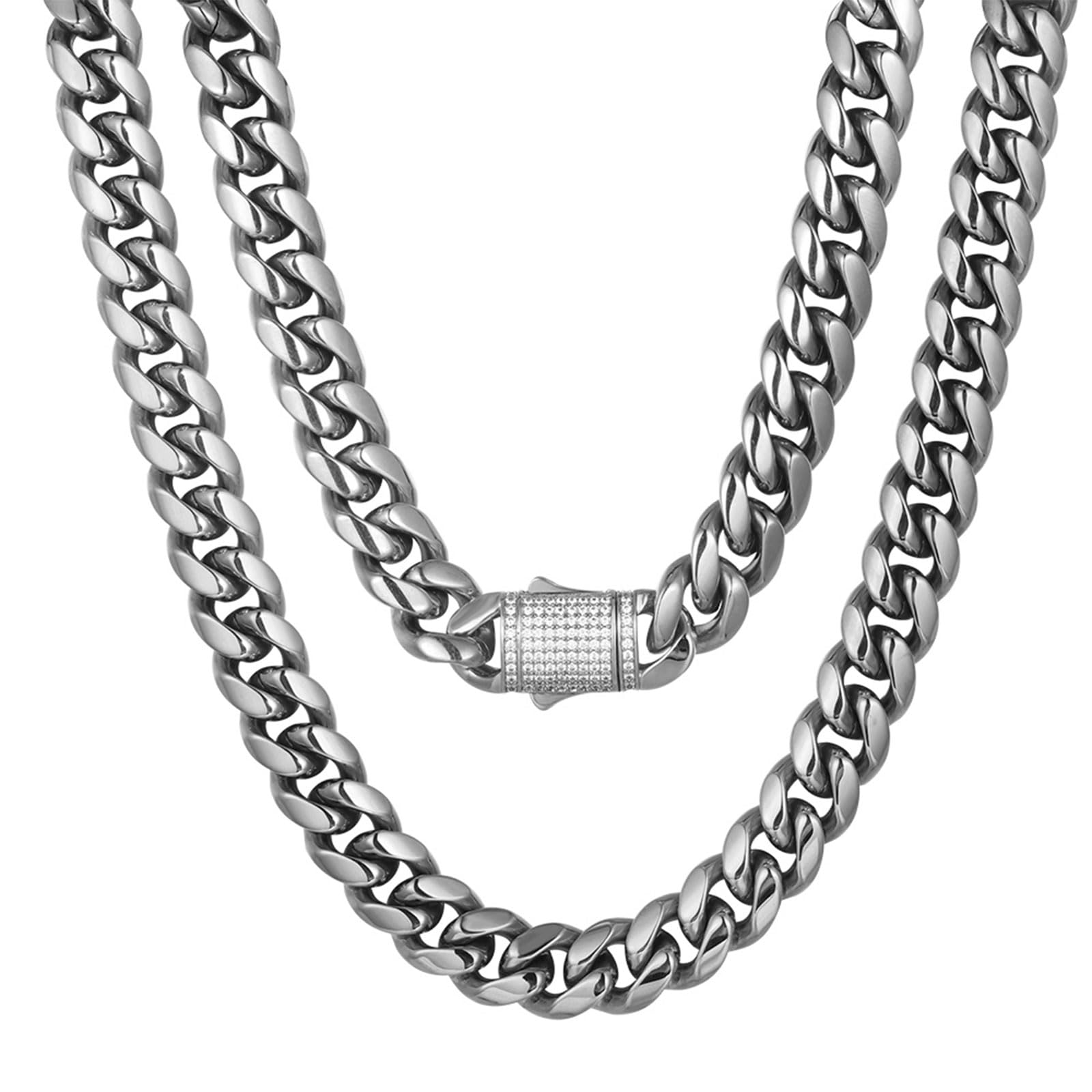 Luxfine 10/12mm Miami Cuban Link Chain 14K REAL Gold Plated Premium Stainless Steel Necklace Hypoallergenic Hip Hop Jewelry for Men Women Christmas Father Day Birthday Gift (Double-sided Iced Out — image 1
