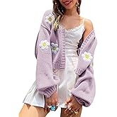 Arssm Y2K Womens Flower Cardigan Sweater Long Sleeve Knit Cropped Cardigan Open Front Cute Shrug Fall Sweater 90s Outfits