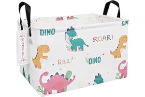QUEENLALA Rectangular Laundry Hamper/Foldable Nursery Laundry Basket for Organizing/Storage Bin Baskets/Children Toy Office Bedroom/Toy Bin Closet Shelf Baskets（Rec-Smile Dinosaur）