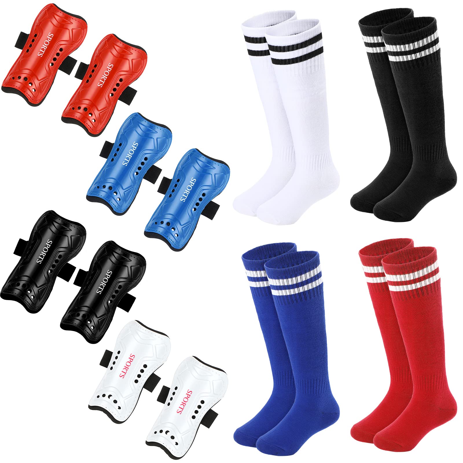 Photo 1 of HyDren 4 Pairs Soccer Shin Guards for Youth Kids Toddler with 4 Pairs Striped Soccer Socks for 3-6 Years Old Boys Girl(White Black Red Blue)