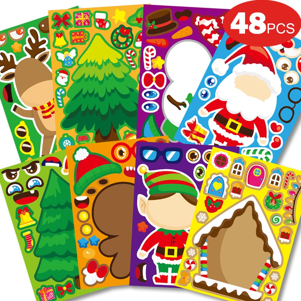 NDLT 48 Sheets Christmas Stickers for Kids, Christmas Party Games Stickers Decorating Stickers for Kids Toddlers Craft DIY Party Favors Stickers, Make Your Own Party Kids Stickers Christmas Cards