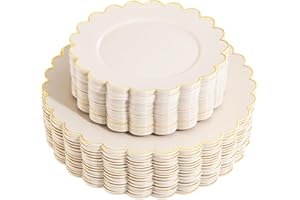 LIYH 60 Pcs Plastic Ivory and Gold Scalloped Plates - Disposable Fancy Combo Plates Includes 30 Dinner Plate 10.25" and 30 De