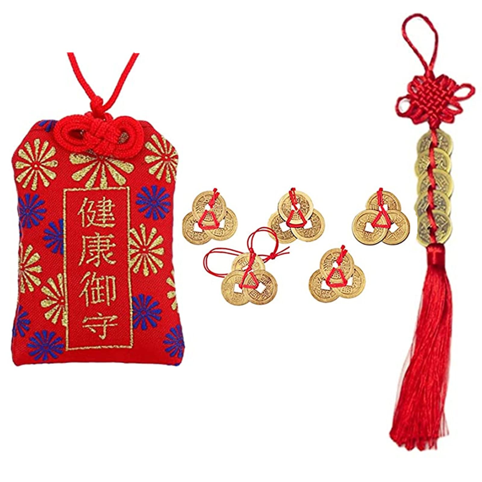 XHBTS Japanese Omamori Amulet Good Luck Charms Hanging Sachet 5 Chinese Feng Shui Coins and Chinese Feng Shui Coins Home Decor Office Decor Five Emperor Money Ancient Success