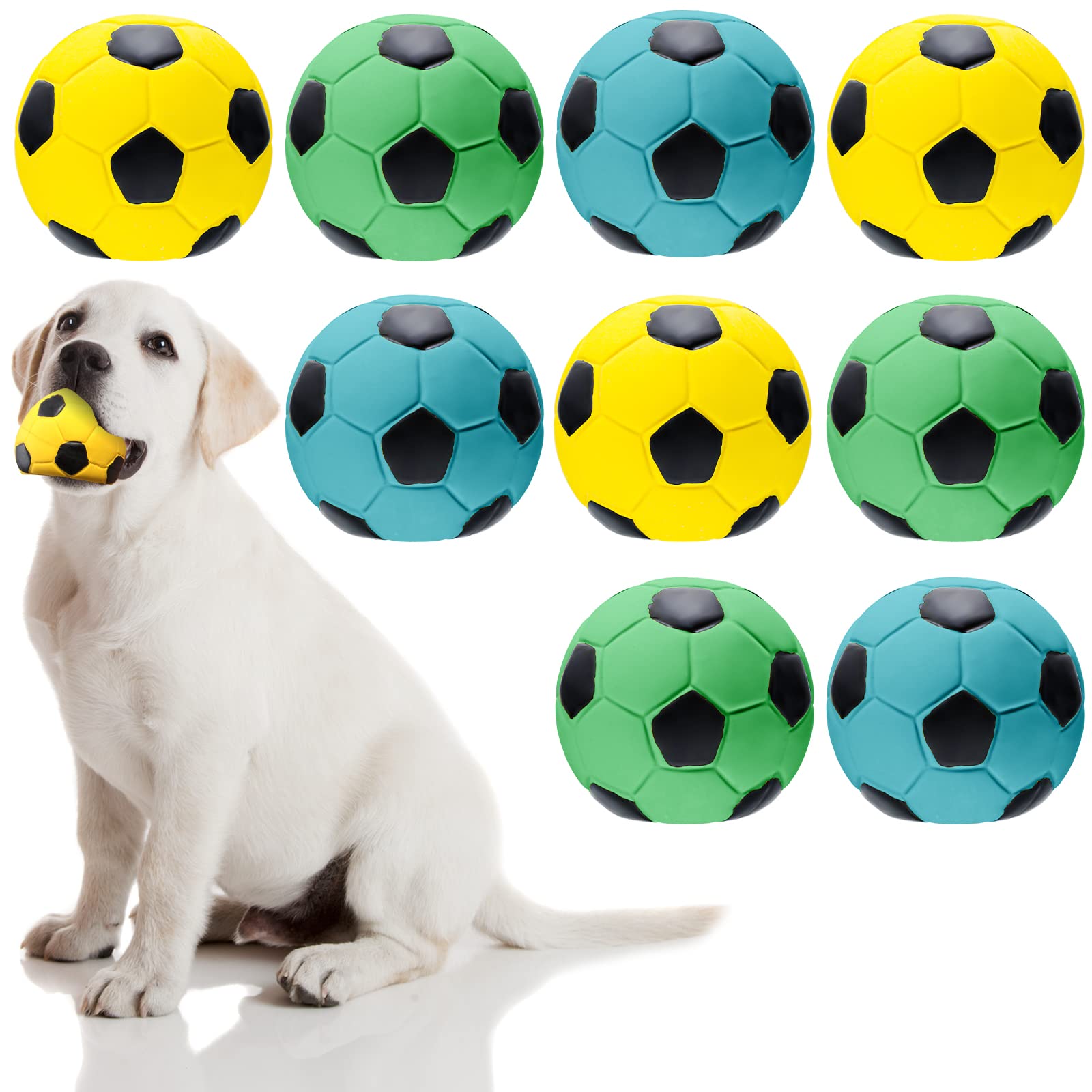 Photo 1 of Sumind 9 Pcs Latex Squeaky Dog Toys 2.76 inch Soccer Ball Interactive Fetch Toys Soft Football Puppy Chew Balls for Small Medium and Large Dogs(Yellow, Blue, Green)
