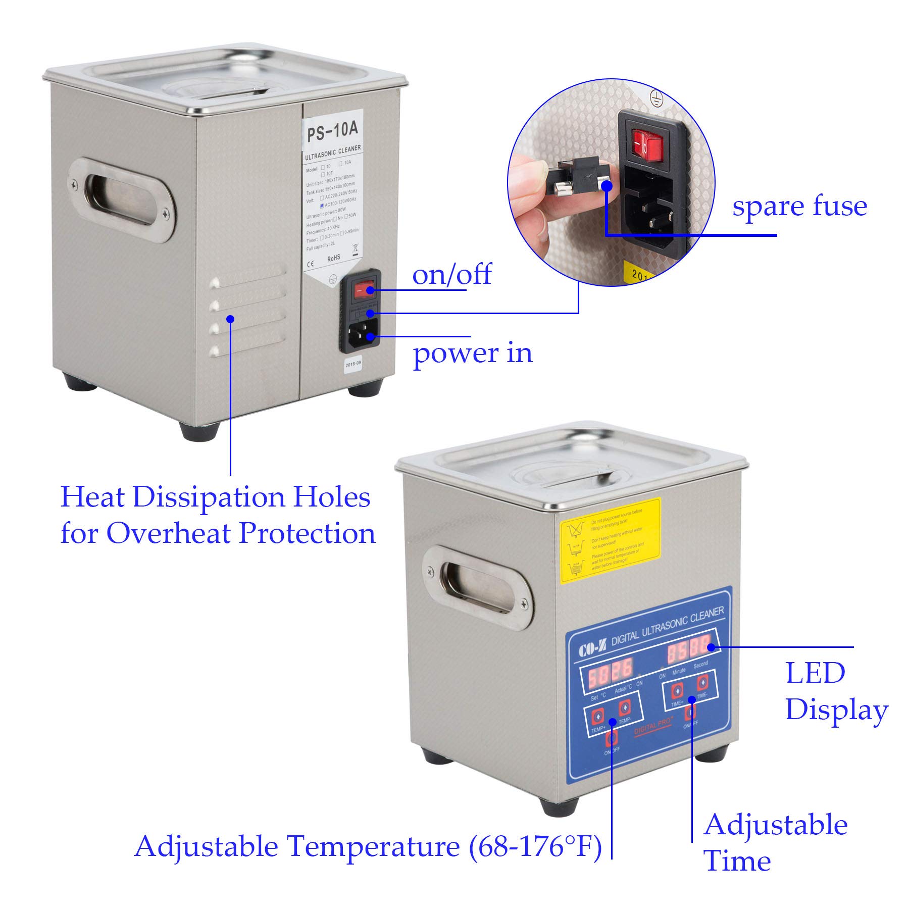 COZ 2L Professional Ultrasonic Cleaner with Digital Timer&Heater for