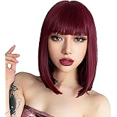 AISI BEAUTY Wine Red Wig with Bangs 12 Inch Short Straight Burgundy Bob Wigs for Women Synthetic Heat Resistant Cosplay Daily Party Wig