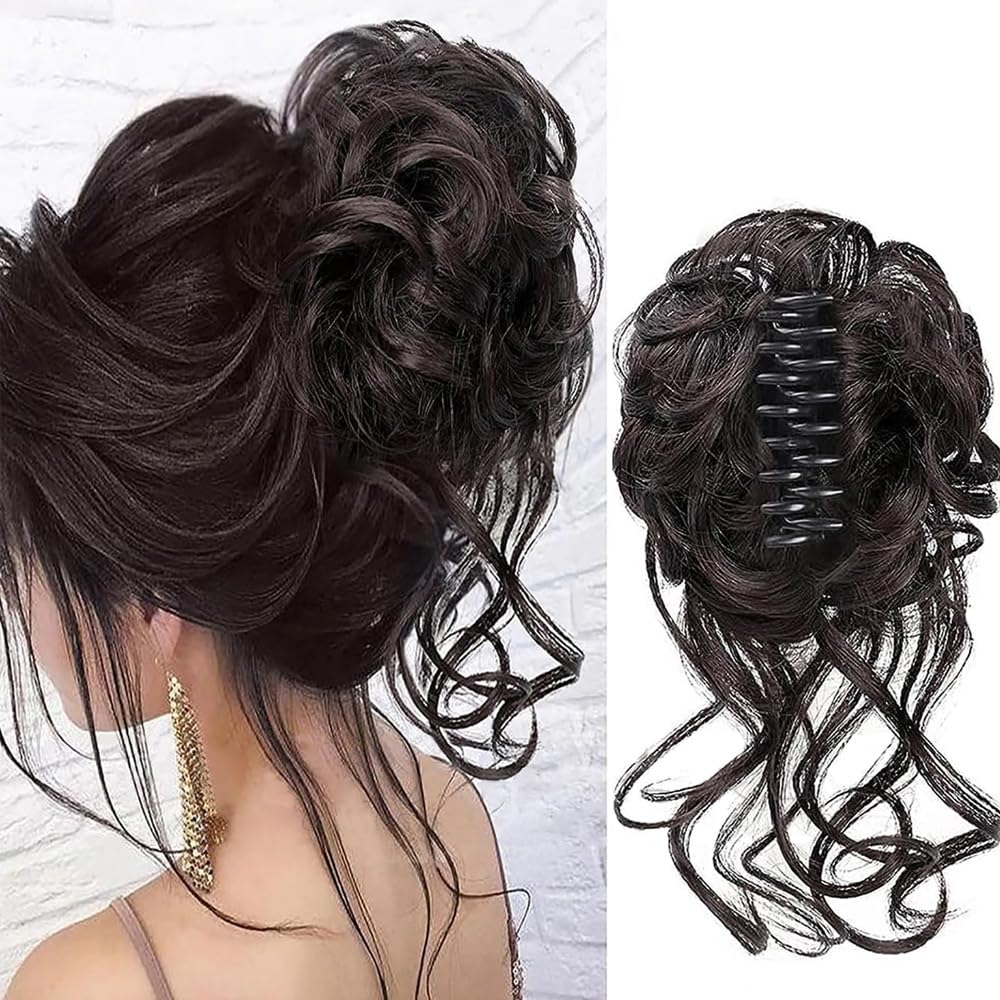 RPAEOY Messy Hair Bun Extensions Curly Wavy Hair Scrunchies for Women Girls Claw Clip Synthetic Donut Updo Ponytail Hair Extensions Hair Hair Accessories (Brownish Black)