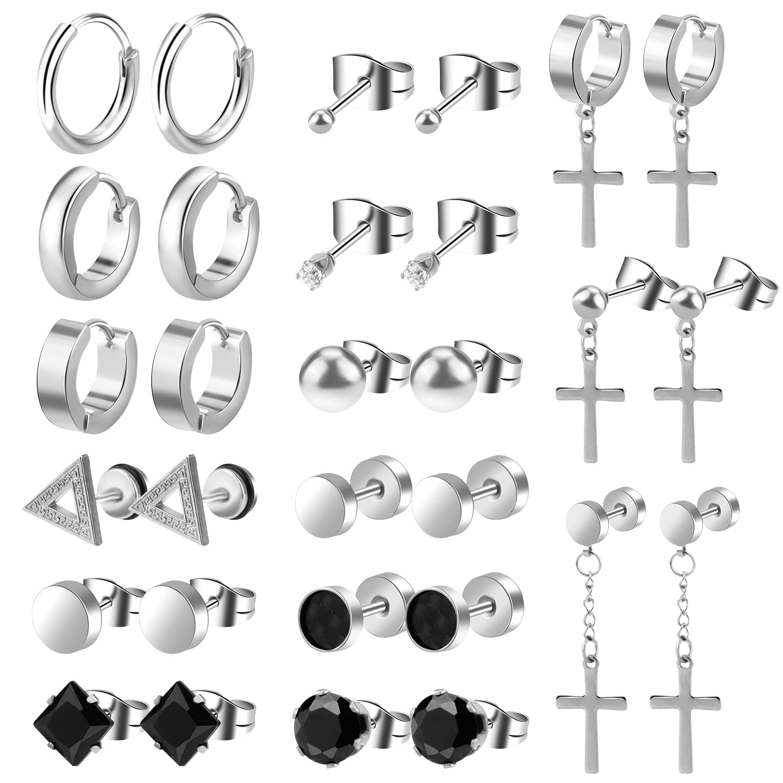 Defrsk 15 Pairs Men's Black Stud and Thin Hoop Earrings Set - Stainless Steel Jewelry Piercings (Silver)