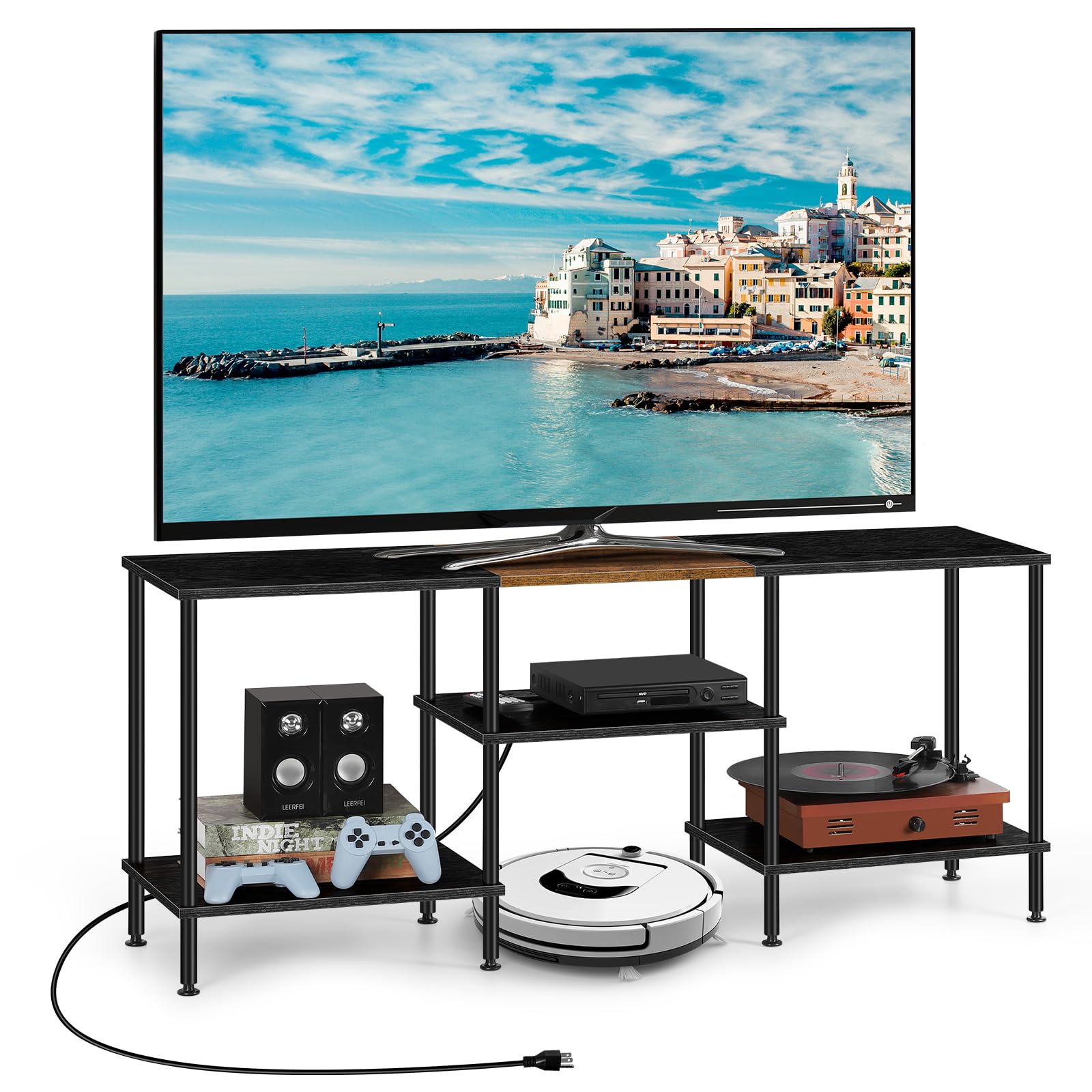 Photo 1 of TV Stands for Living Room 50 inch TV Stand with Power Outlet Entertainment Center with Storage 3 Tier TV Console Table for 50 43 40 32 inch TV, Black