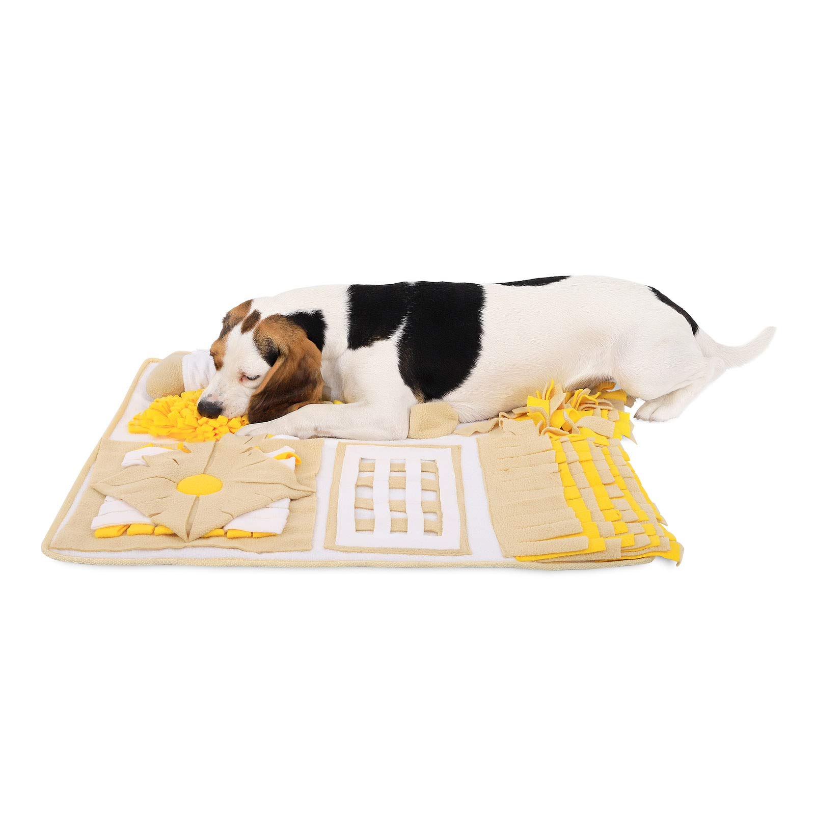 lionto Sniffer rug for dogs and cats, search mat to reduce stress and promote concentration, 70x60 cm, fleece rug is machine washable with non-slip underside, yellow/brown