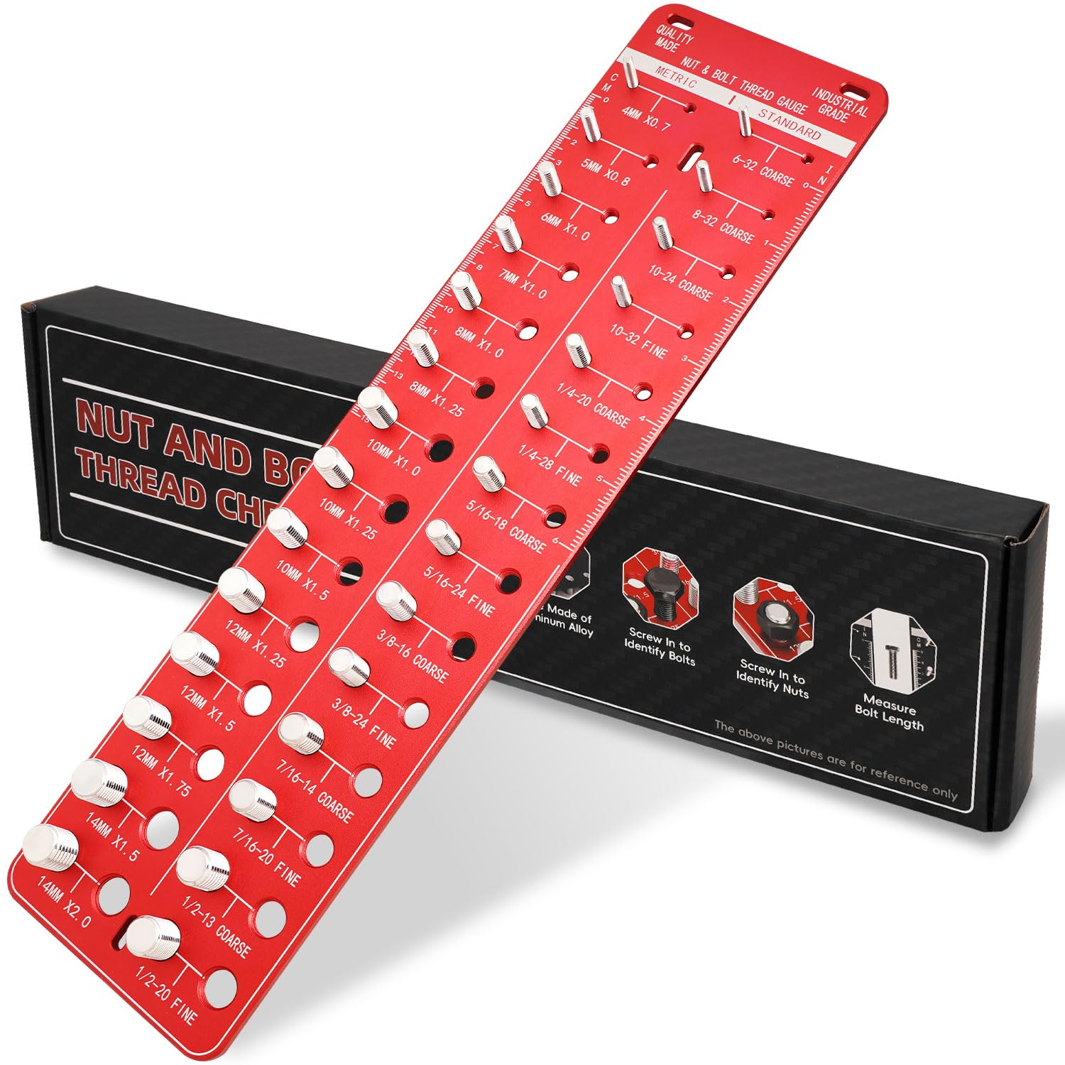 28 Thread Checker, Nut and Bolt Thread Size Checker, Screw Identifier Gauge with 14 Standard & 14 Metric, Red