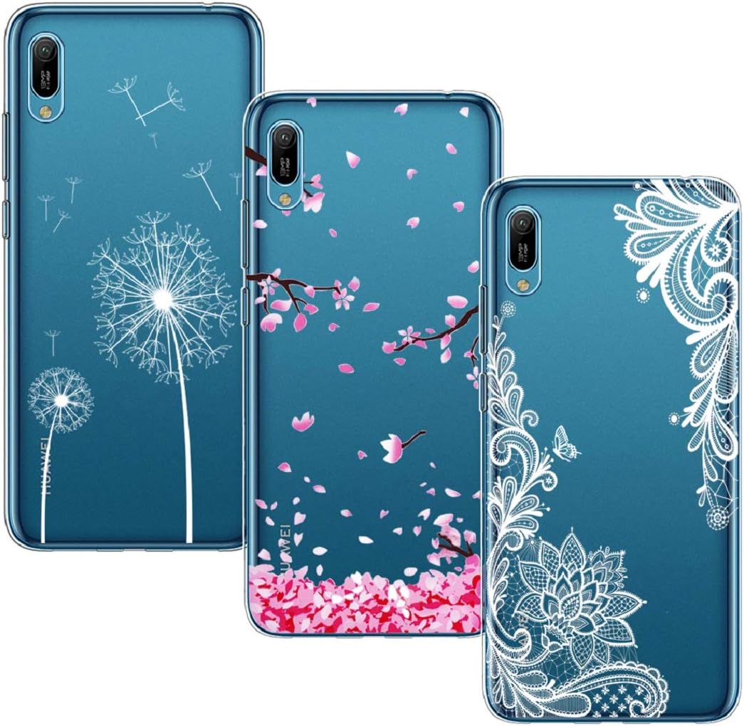 BAOWEI [3 Pack] for Huawei Y6 2019 Case, Ultra Thin Crystal Clear Soft TPU Silicone Case with Stylish Cute Pattern Protective Cover for Huawei Y6 2019 - Cherry Blossom, Dandelion & White Flower