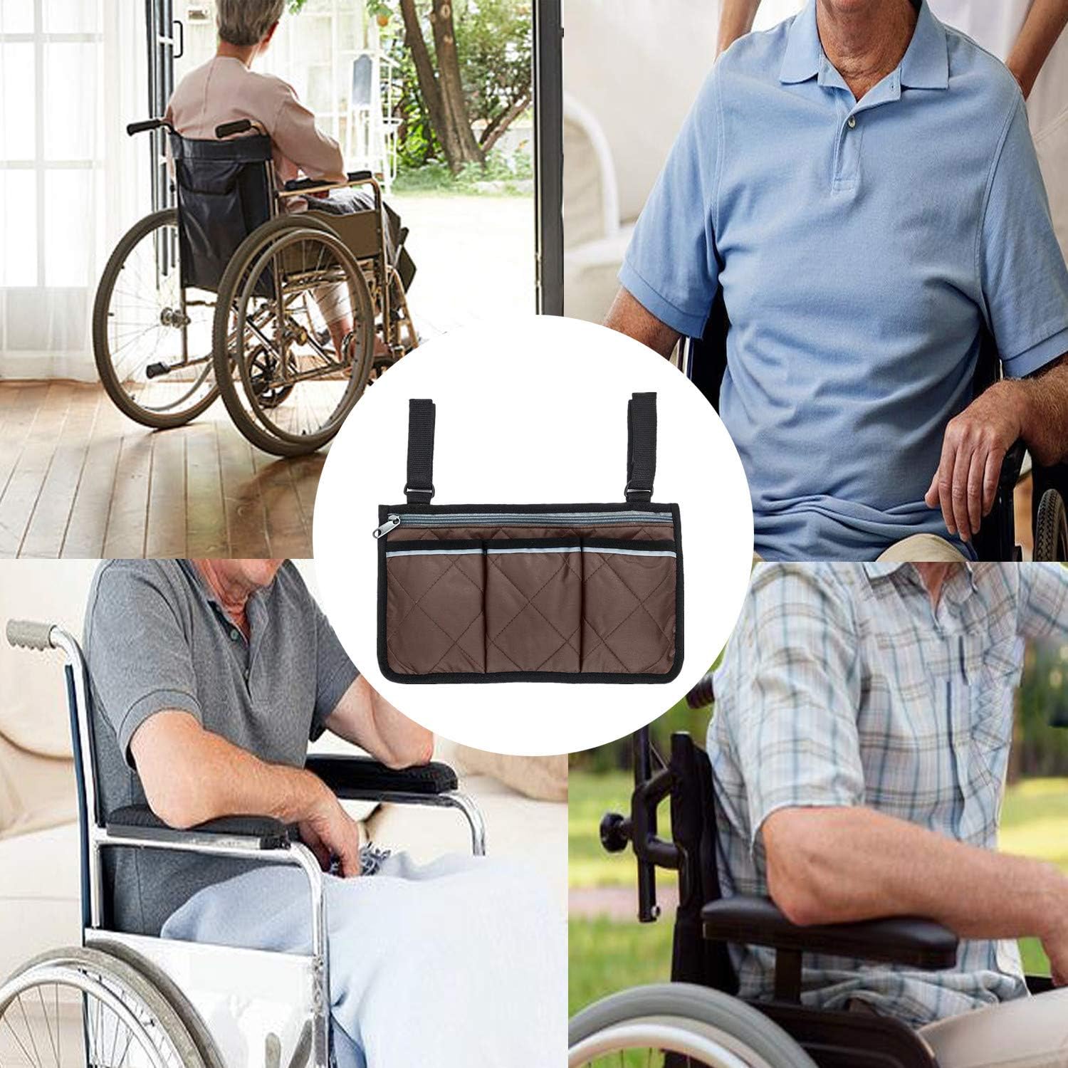 Wheelchair Side Bag with Pouches and Reflective Stripe, Wheelchair Armrest Side Organizer for Electric Wheelchairs, Manual Wheelchair, Lightweight and Easy to Use (Brown): Health & Personal Care