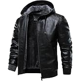 HOOD CREW Mens Faux Leather Jackets with Hood | Fleece Lined, Warm Winter Coats, Windproof, Water-Repellent, Bomber Style, Motorcycle Biker Jacket