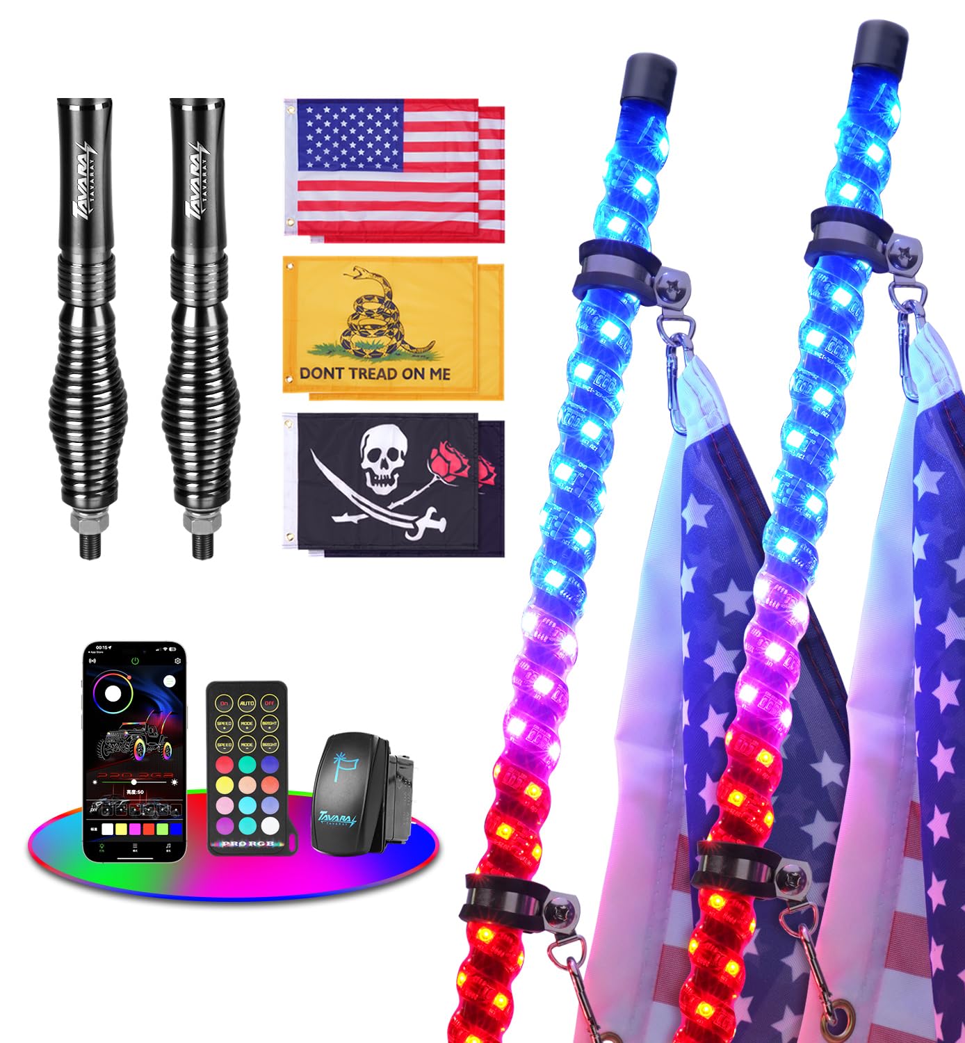 Photo 1 of Tavaray 2PCS 5FT Whip Lights with Spring Base, LED Whip Lights with App & Remote Control, Waterproof 360° Spiral Chasing Lighted Whips w/Rocker Switch for UTV, ATV, SXS, Polaris RZR