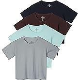 Real Essentials 4 Pack: Women's Cotton Short Sleeve Crop Top – Cropped Casual Crew Neck T-Shirts (Available in Plus Size)