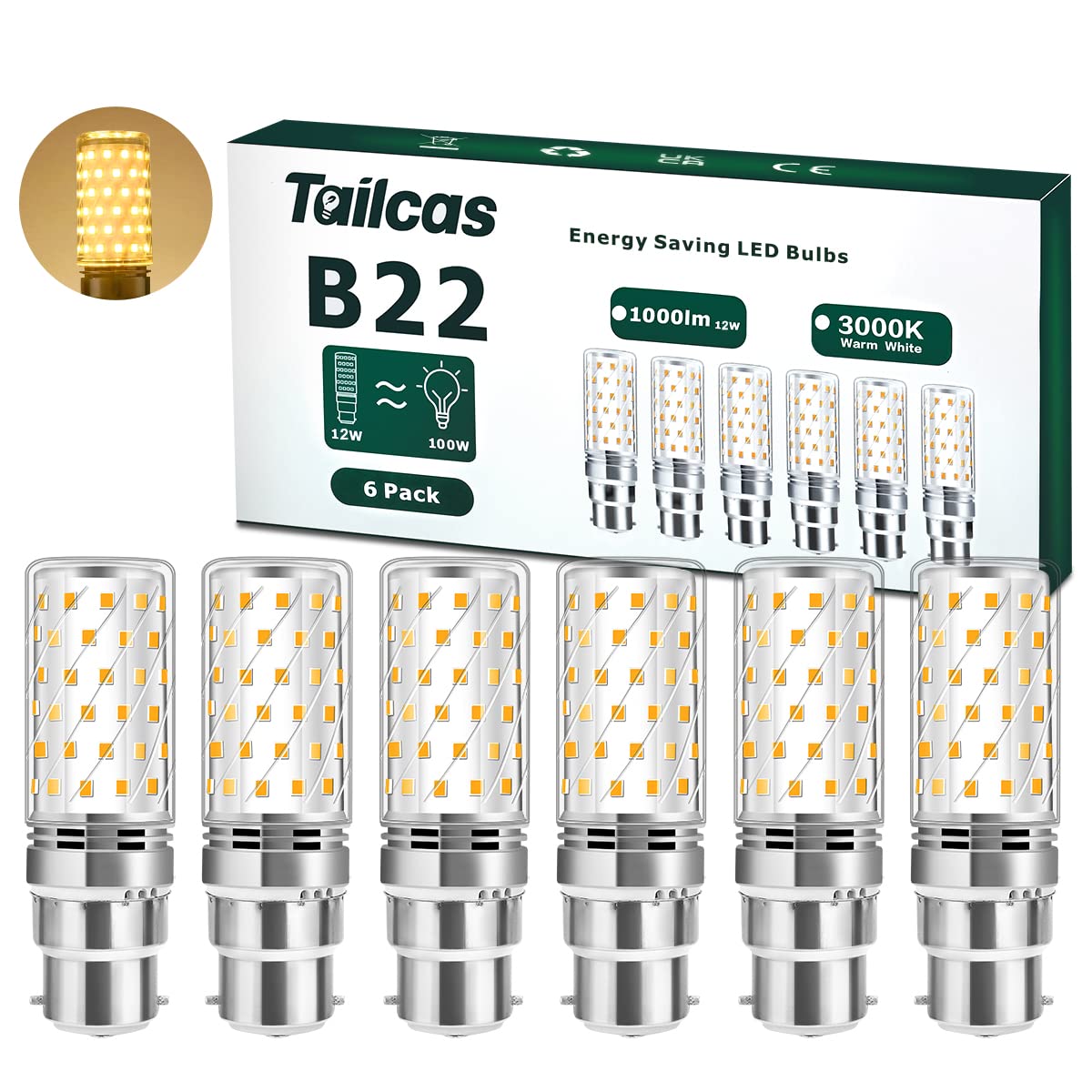 lead bayonet B22 LED Light Bulb, 100W Equivalent, 12W 3000K Warm White 1000Lumen, Energy Saving Not Dimmable No Flicker, 6 Pack [Energy Class A+]