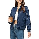 Rasujie Satin Bomber Jacket Women Zip Up Varsity Jacket Fall Windbreaker Outerwear with Pockets