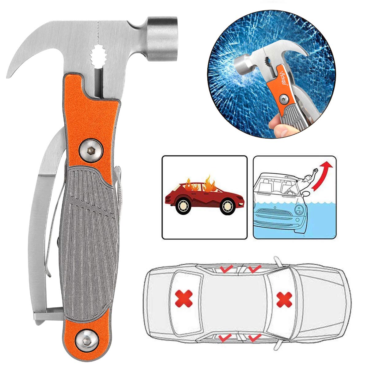Emergency Hammer Pliers, 12 in 1 Multitool Stainless Steel Survival Kit Multifunction Car Tool With Hammer, Saw,Knife, Screwdriver for Outdoor Camping -Best Father’s Day Gift(Orange)