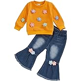 BULINGNA Toddler Baby Girl Clothes Spring Outfit Baby Girl Outfit Floral Crewneck Sweatshirt Bell Bottom Jeans Pants Set