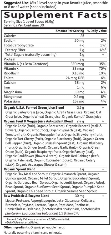 Garden of Life Raw Organic Perfect Food Green Superfood Juiced Greens Powder, Plant Based Dietary Supplement - Original Stevia-Free, 30 Servings (Packaging May Vary): Health & Personal Care