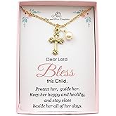 Little Girls Gold Cross Necklace with Crystal Pearl | 14" Plus 2" Extender Chain | Gift for Goddaughter | Baptism Jewelry | First Communion Gift