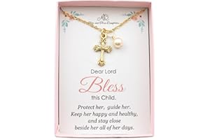 MOM & THREE DAUGHTERS Little Girls Gold Cross Necklace with Crystal Pearl | 14" Plus 2" Extender Chain | Gift for Goddaughter | Baptism Jewelry | First Communion Gift