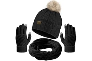 Passionbility Winter Beanie Hat Circle Scarf Touchscreen Gloves Set, Snow Knit Skull Cap, Warm Thick Fleece Lined Neck Warmer