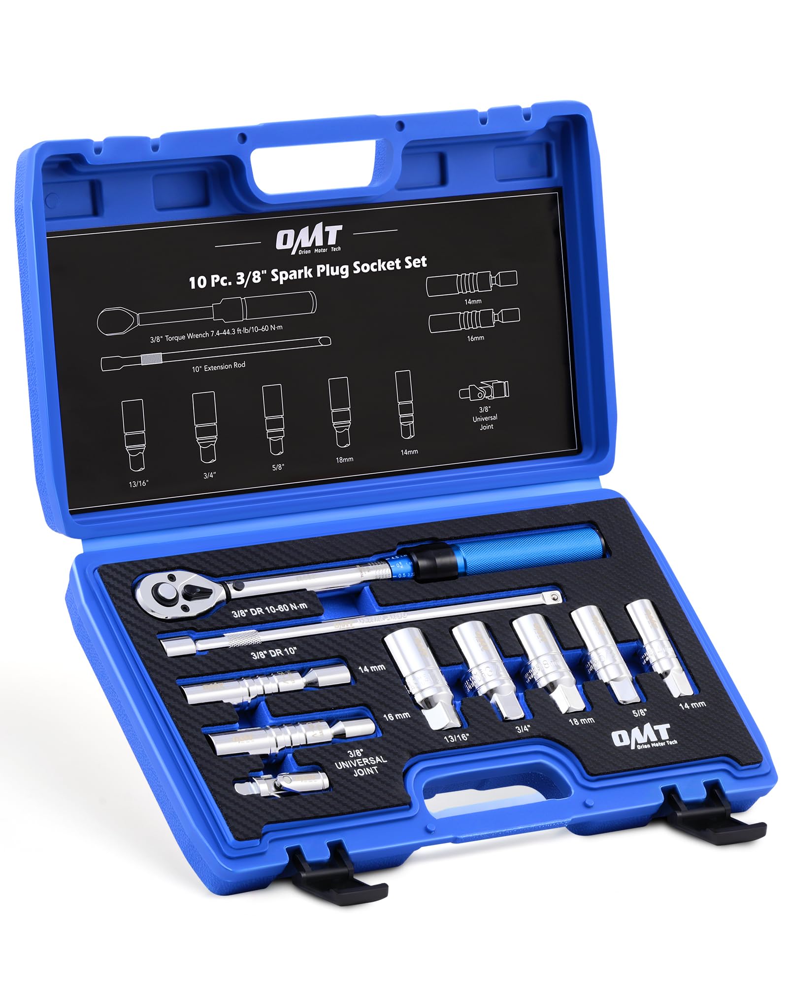 Photo 1 of Orion Motor Tech 10pc 3/8 inch Drive Spark Plug Socket Set with 72 Tooth Click Torque Wrench, Magnetic Swivel Sockets, Universal Joint & Extension Bar, Cr-V Steel Magnetic Spark Plug Socket