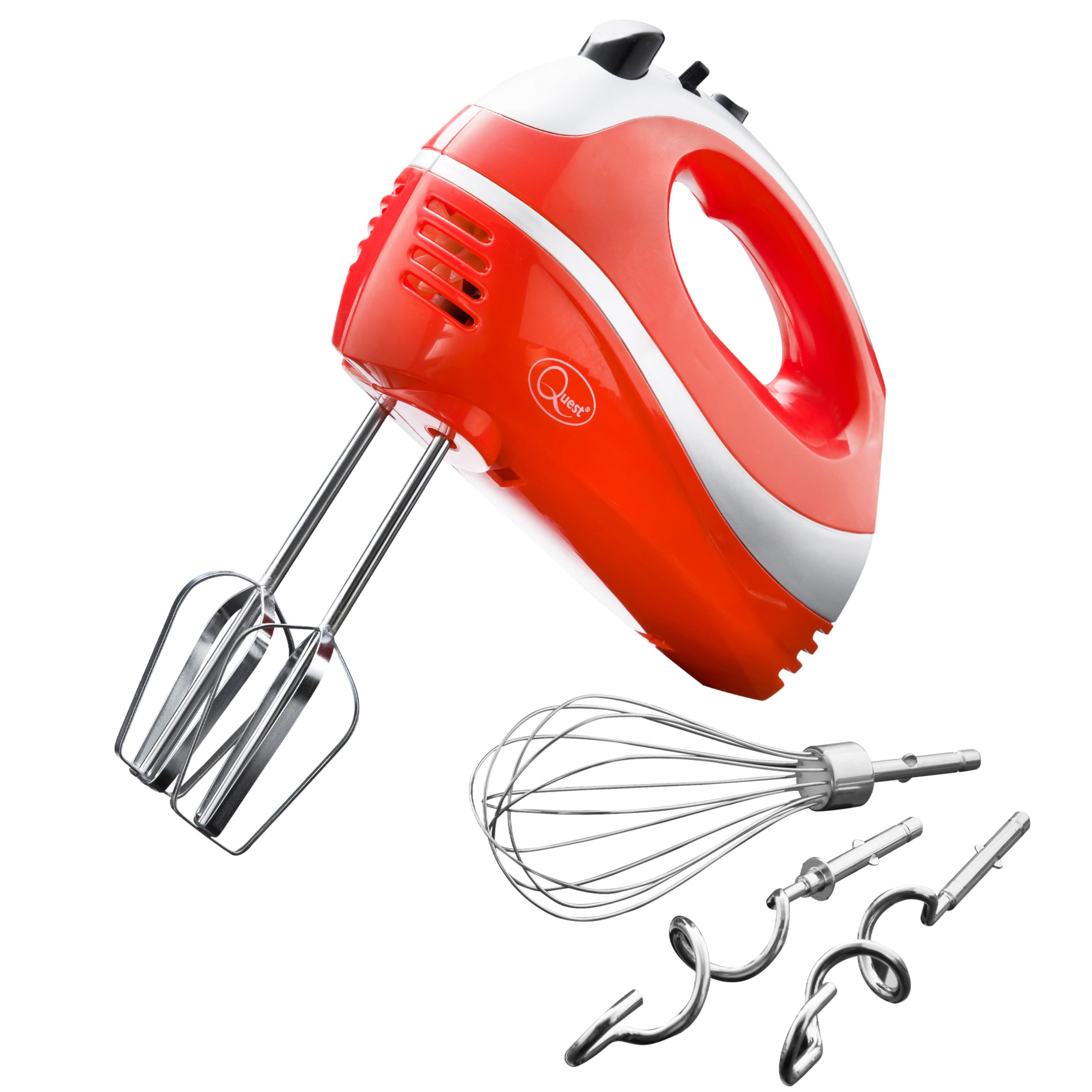 Quest Electric Hand Mixer, Red, Chrome Beaters, Dough Hooks & Balloon Whisk, 5 Speed With Turbo Function, 300W