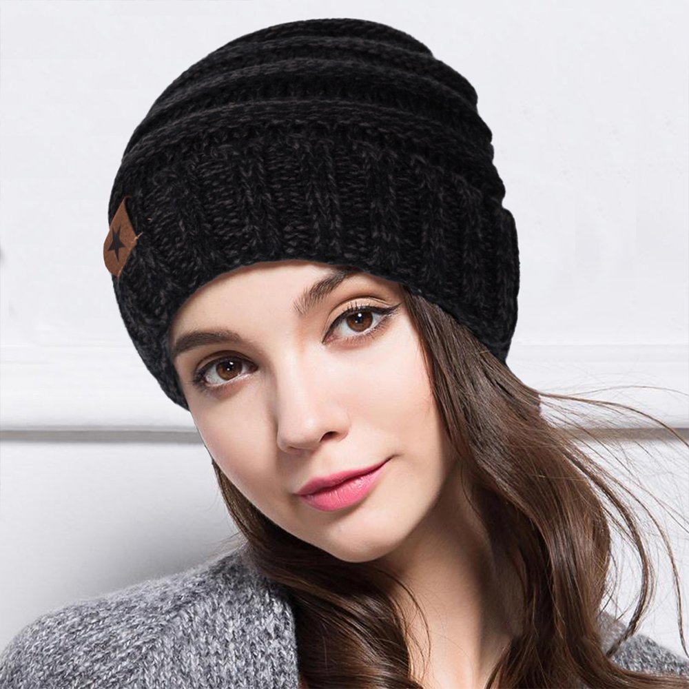 EVRFELAN Soft Winter Warm Knitting Hat Cable Beanie Solid Daily Slouchy Hats Skull Cap (Black2)