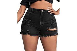 MapleHub Plus Size Women's Ripped Denim Jean Shorts High Waisted Stretchy Folded Hem Short Jeans