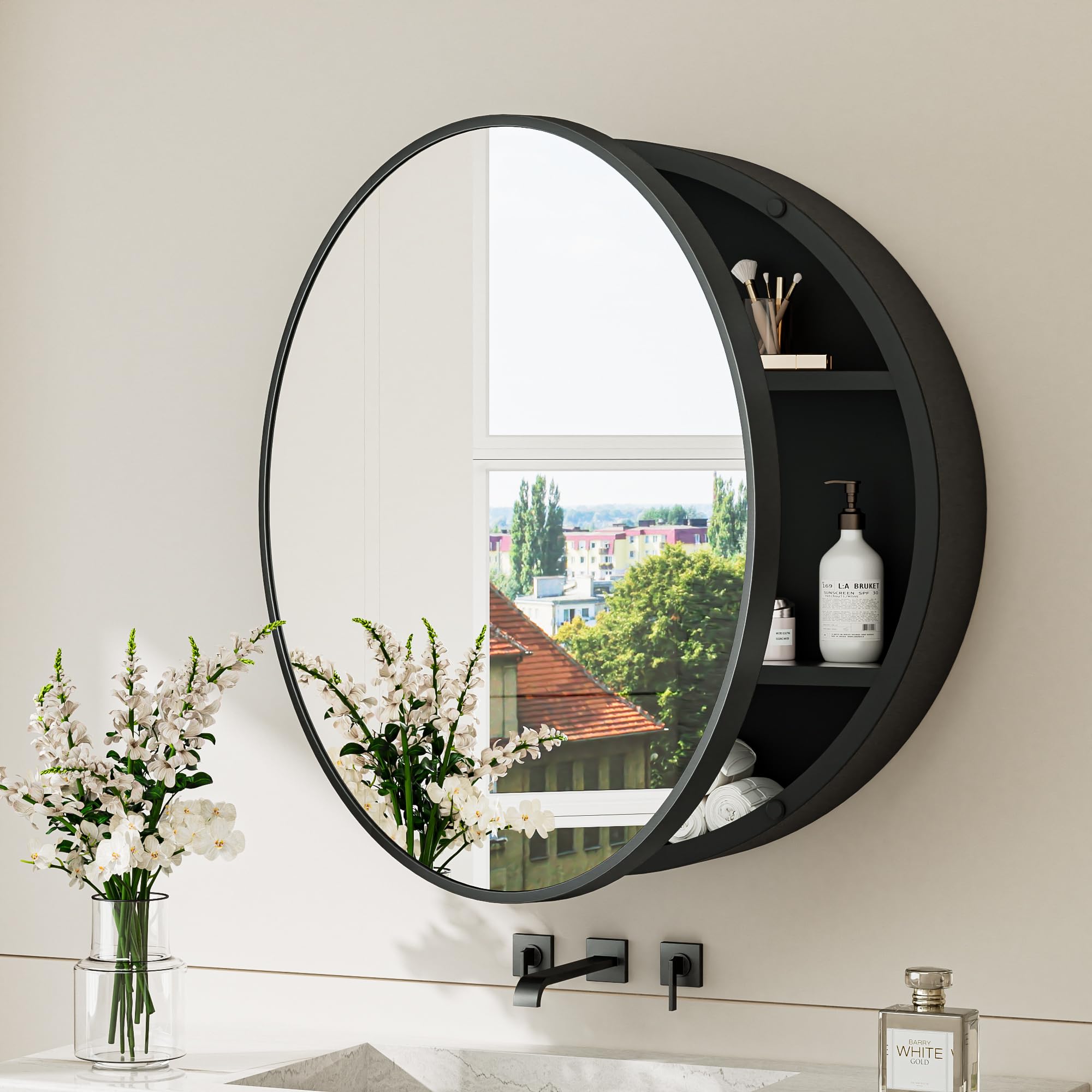 Photo 1 of TokeShimi 26x26 Round Medicine Cabinet for Bathroom,Black Circle Bathroom Medicine Cabinet with Mirror,Surface Mount Only Detachable Shelves Circular Vanity Shatterproof Mirror with Storage