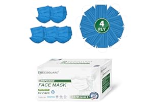 EG EcoGuard 4 Ply Disposable Face Mask Made in USA - Medical Grade ASTM Level 3 Protection - Ideal for Families & Students - Perfect for Back to School & Everyday Home Health Safety - Blue 50 Count
