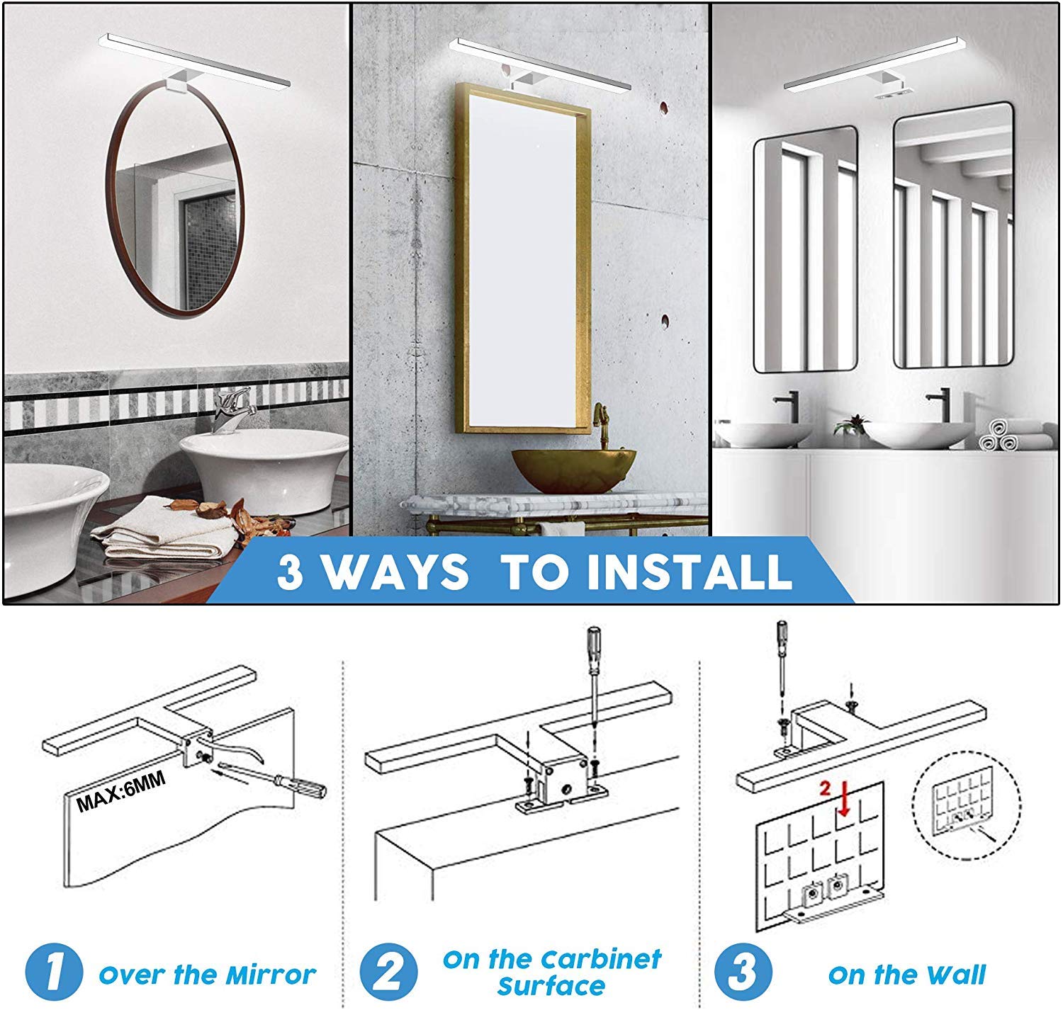 Aogled Led Espejo Luz Baño 10W 820LM 60cm 230V 4000K,Lámpara de Acero