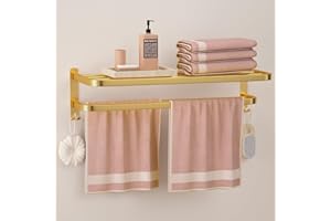DDS-DUDES Gold Bathroom Towel Rack Towel Shelf with Double Towel Bars Lavatory Wall Mount Holder with Hooks Golden Stainless Steel Hotel Bath Rack 23 inches