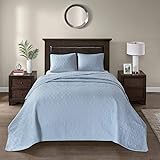 DH 3 Piece Oversized Blue King Bedspread to The Floor Set, Solid Light Medium Tone, 120 Inches X 118 Inches, Bedding Drops Over Edge of King Beds, Polyester, Stylish and Classic Stitched